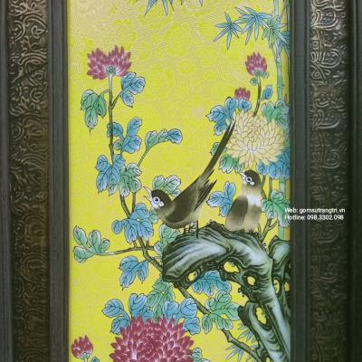 tranh sứ khung gỗ hoạ tiết tứ quý, tranh mầu vàng, tranh trung quốc, tranh sứ, tranh treo phòng khách